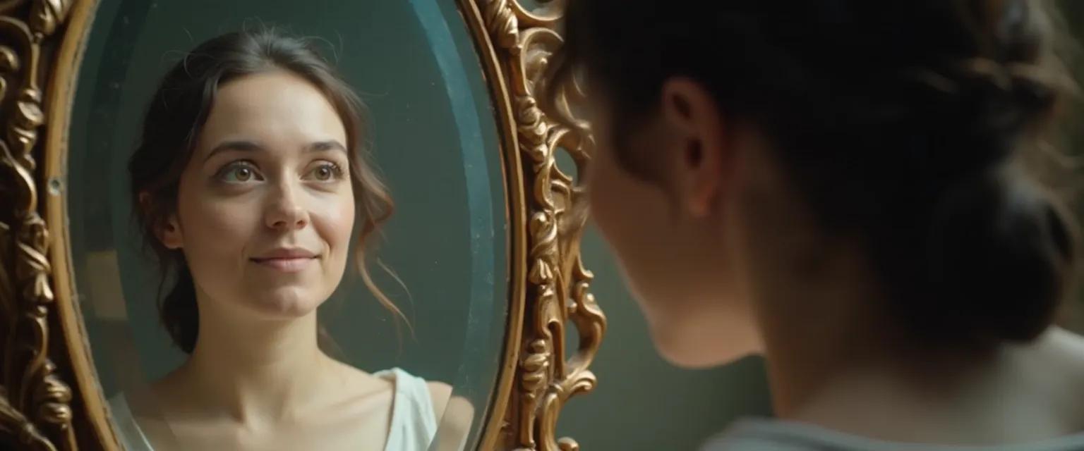 Person reflecting in mirror to describe their level of self-awareness using 5 key questions