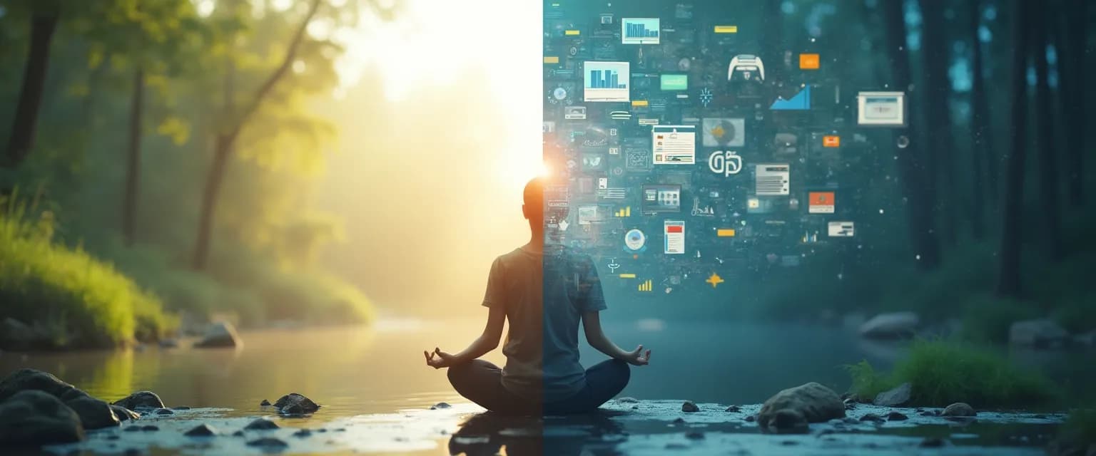Person finding balance between mindfull information overload and mindful awareness