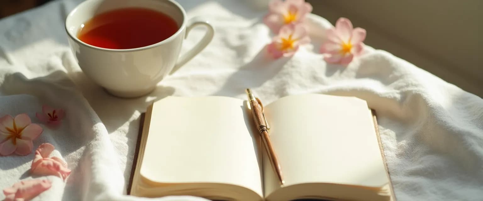 Open breakup journal with pen and healing-focused prompts for emotional growth