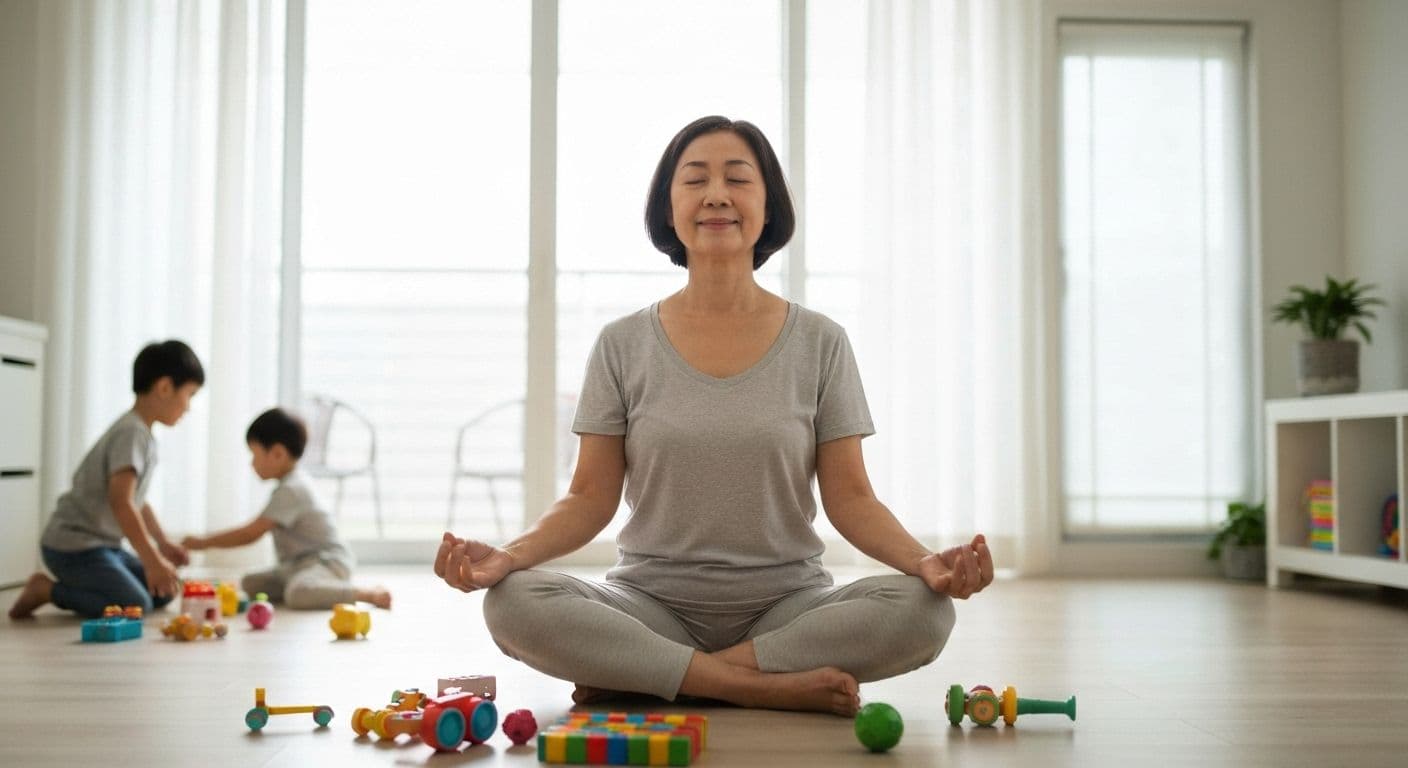 Busy parent practicing right mindfulness while preparing breakfast with children in modern kitchen