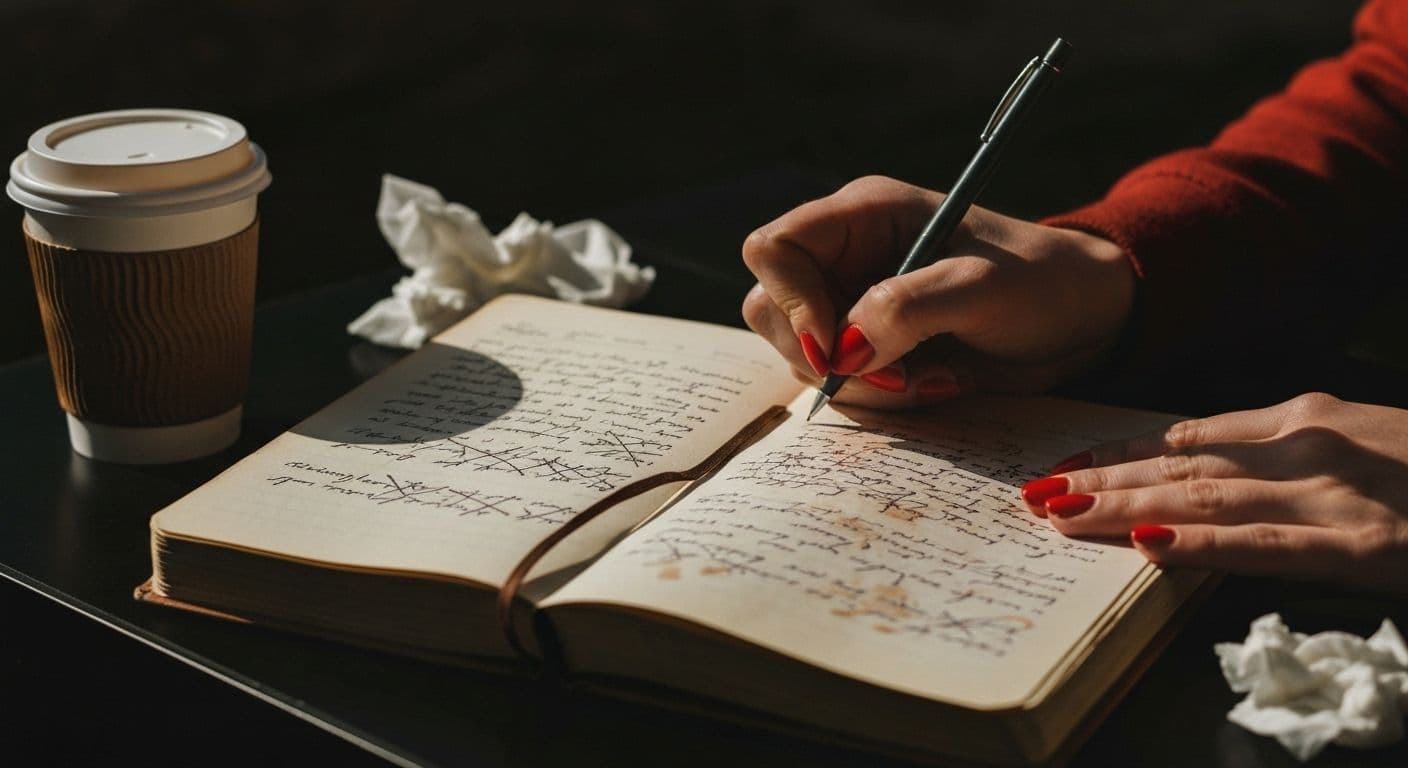 Person writing raw, unfiltered notes on heartbreak in notebook with messy handwriting, inspired by Annie Lord's approach