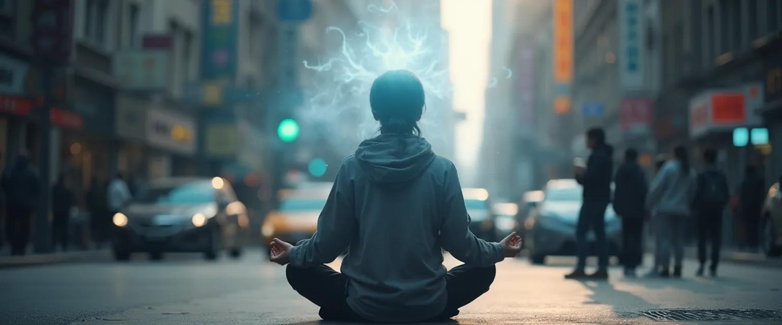 Person practicing mind meditation peacefully in a busy urban environment