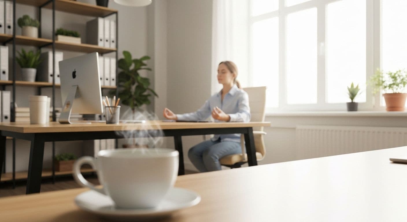 Professional practicing mindfulness meditation at desk for improved focus and concentration