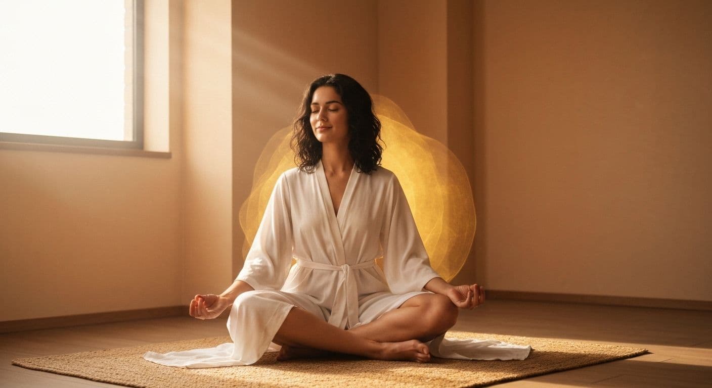 Person practicing embodied self-awareness by placing hand on chest to notice physical sensations for emotional regulation