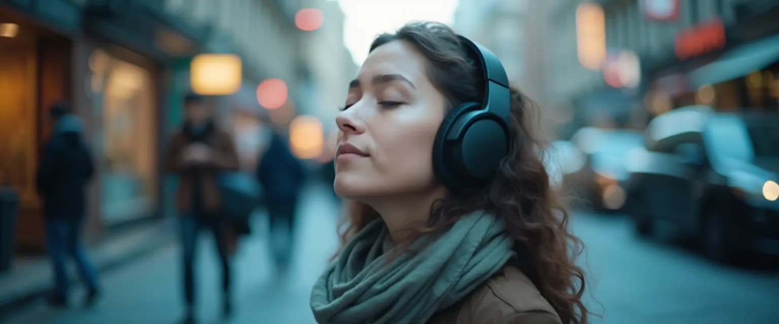Person practicing silent mind techniques in a busy urban environment