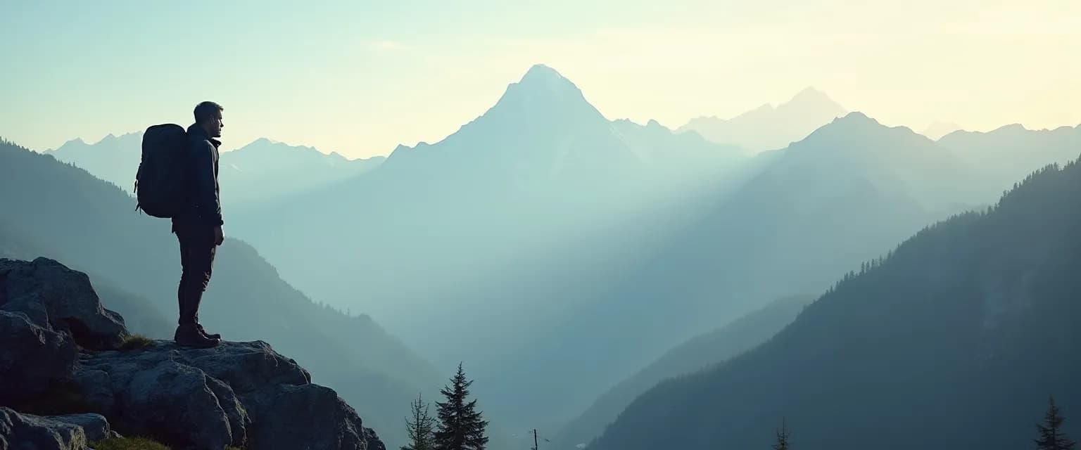Hiker using mind over mountains techniques to conquer a challenging summit