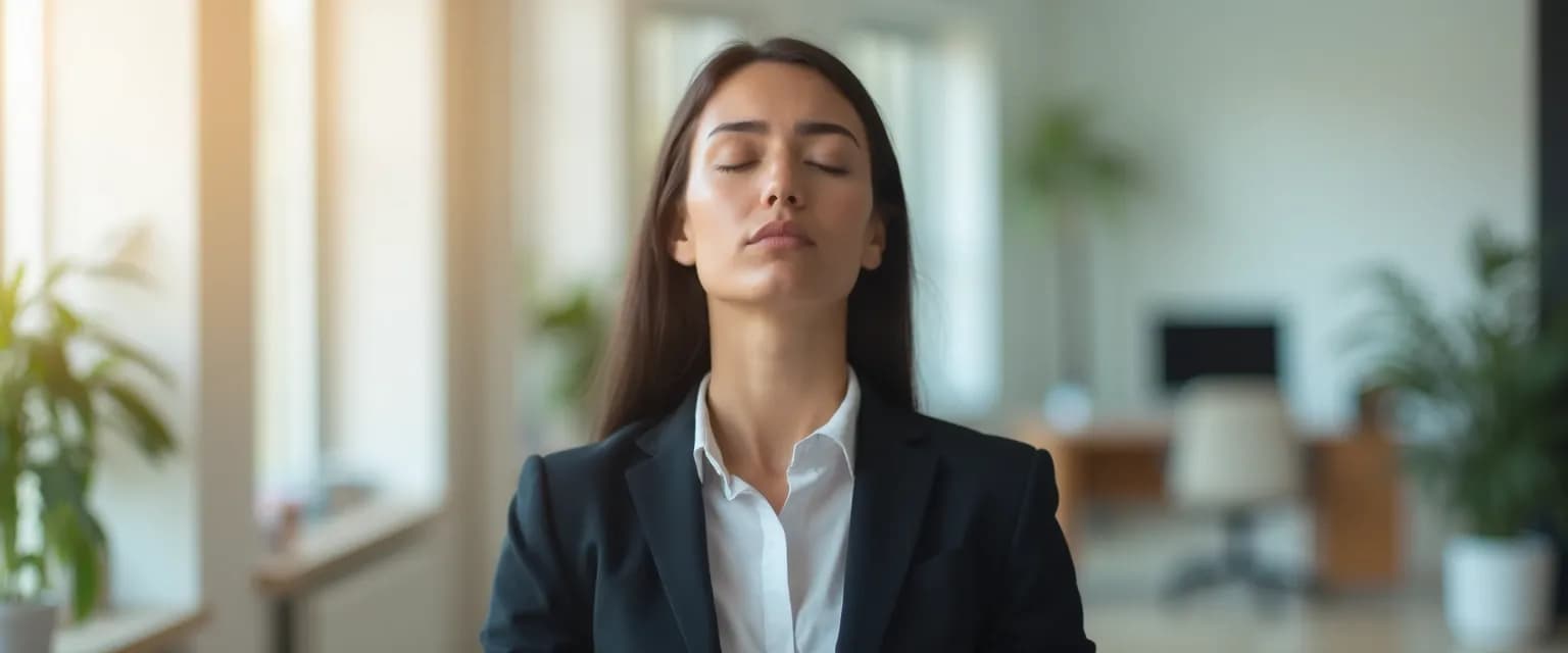 Professional performing quick mind refreshing technique at desk for mental clarity