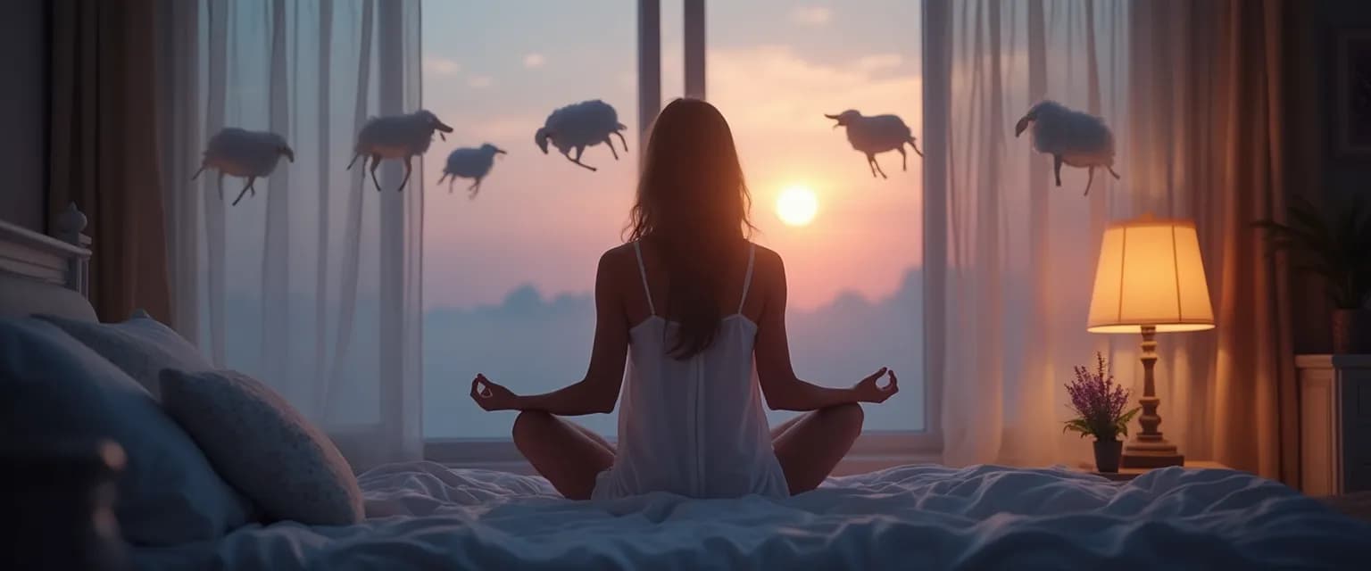 Person practicing mindfulness for sleep with peaceful expression in bed