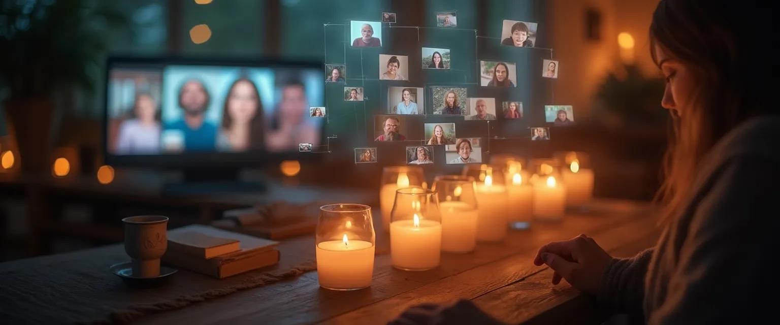 Person engaging with different types of grief through virtual memorial service on computer