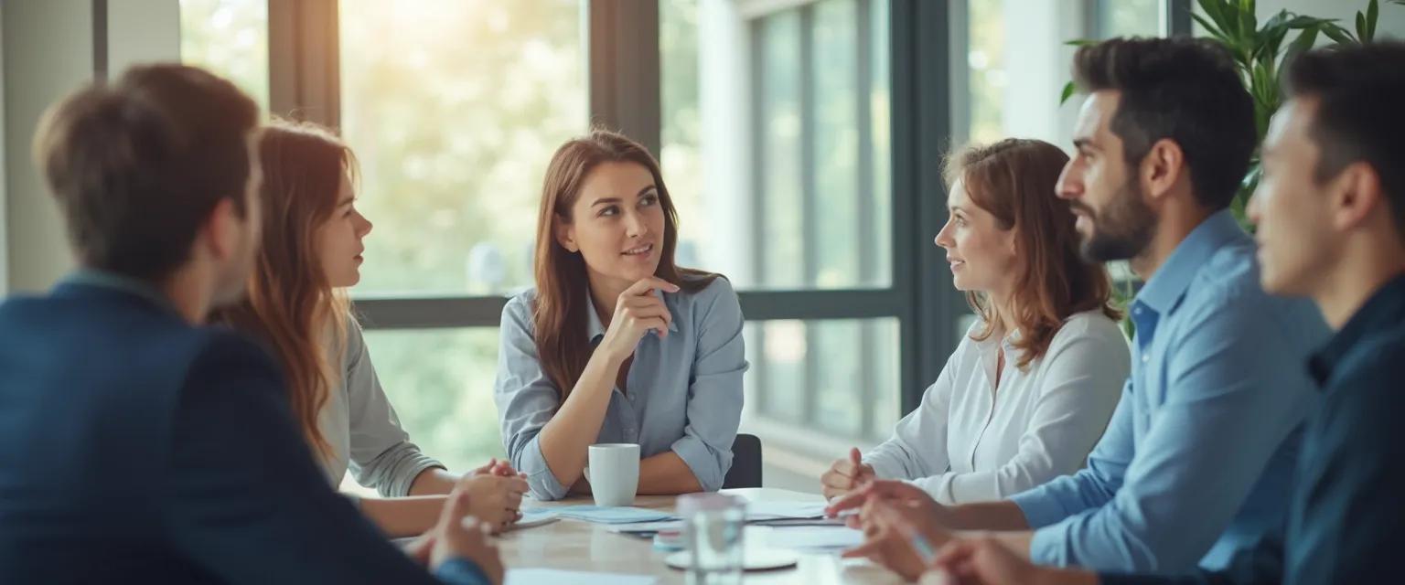 Manager facilitating self-awareness in the workplace during a team meeting