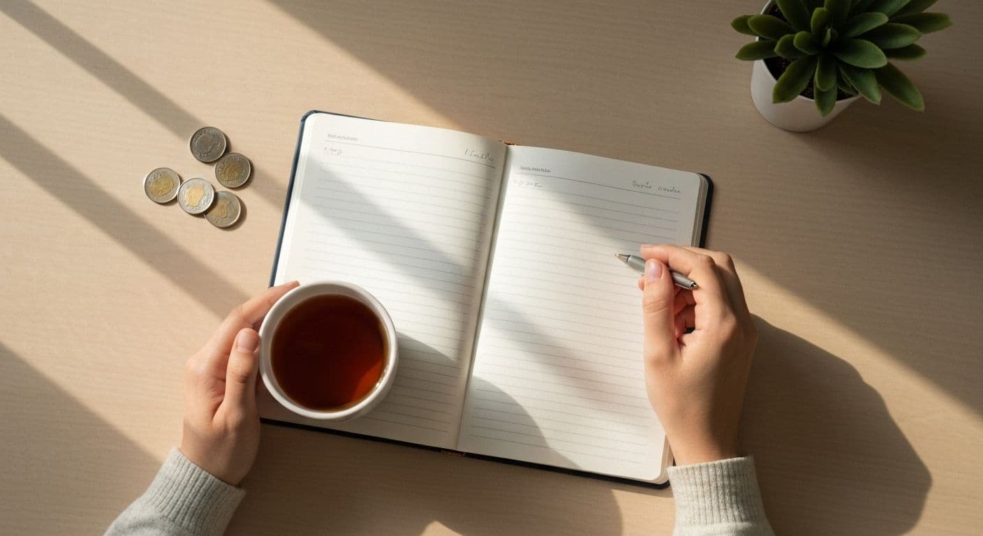 Person practicing money mindfulness while making conscious spending decisions with peaceful awareness