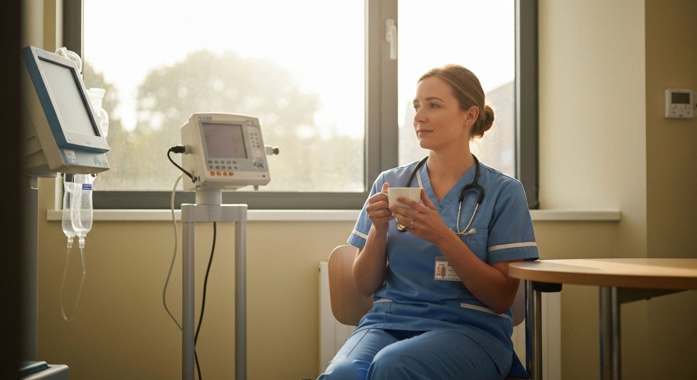 NHS healthcare worker practicing self awareness during hospital shift break
