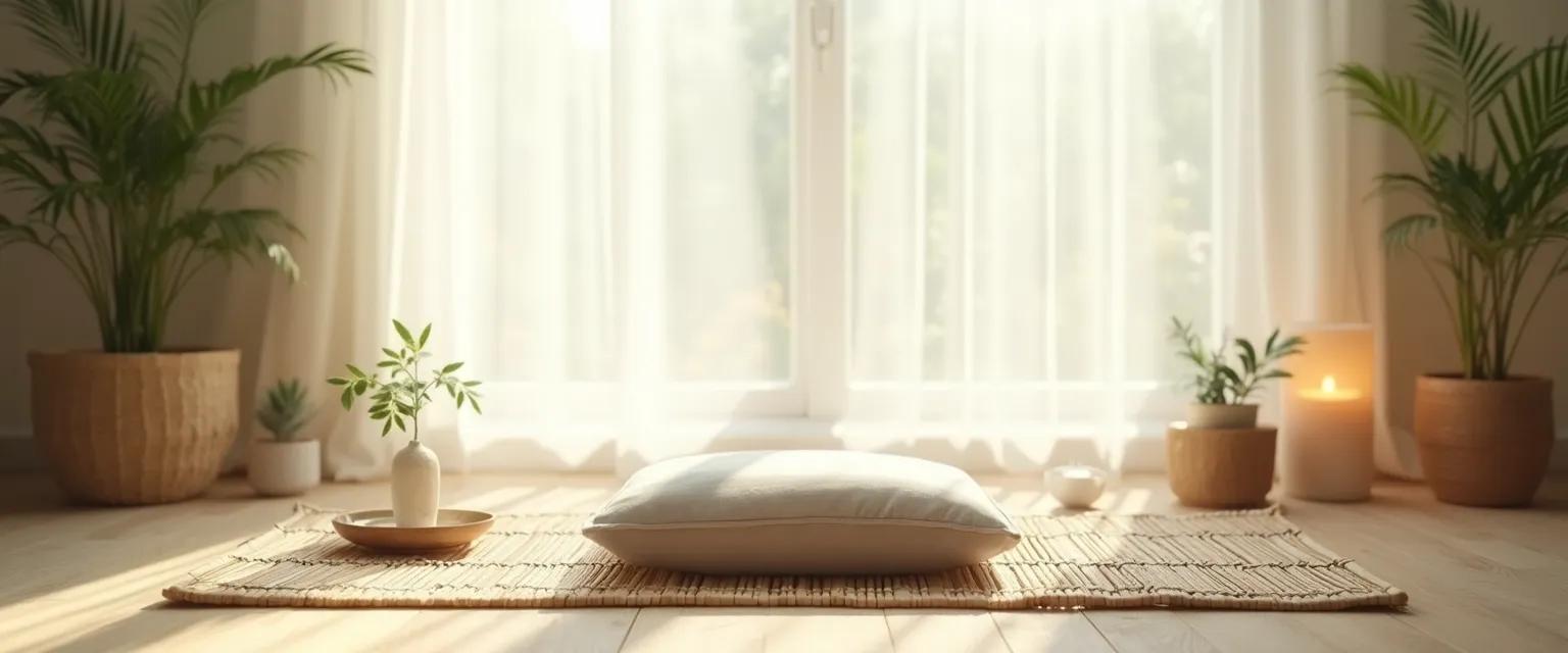 Peaceful home meditation space inspired by Jon Kabat-Zinn guided meditation principles