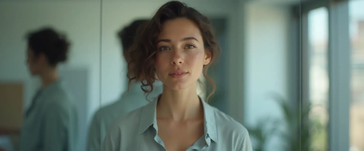 Professional looking in mirror representing building self-awareness at work through daily practices