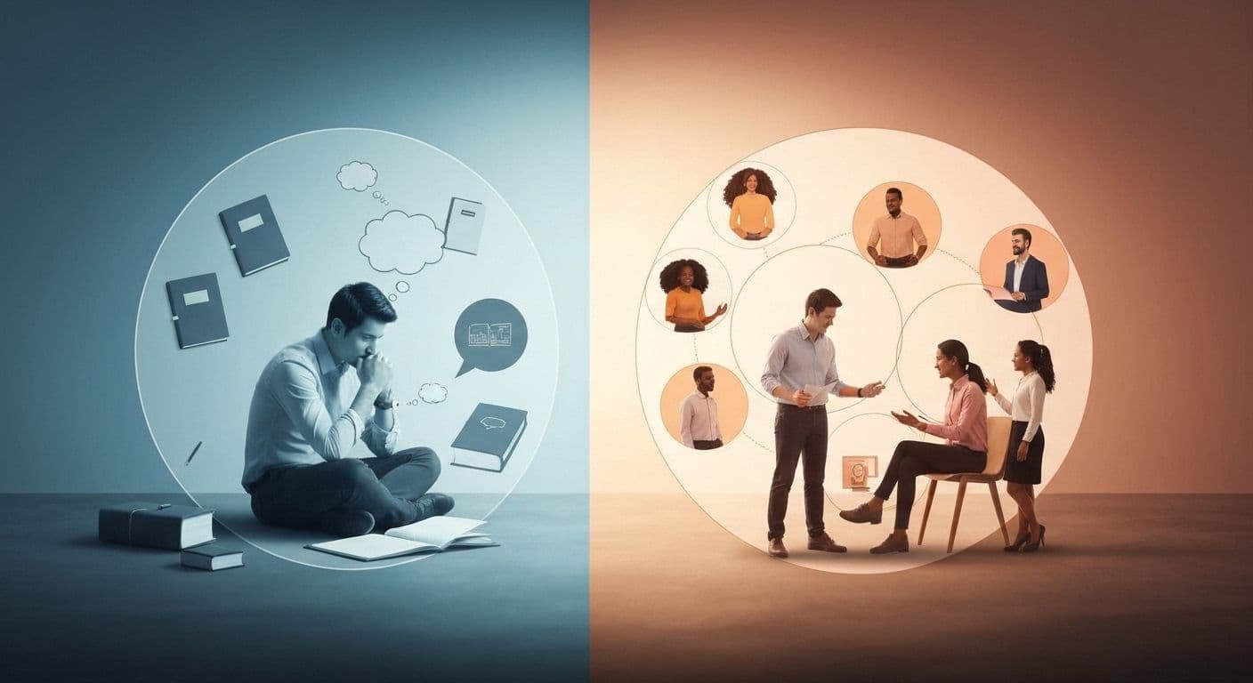 Person reflecting while observing others in conversation to improve own self and social awareness