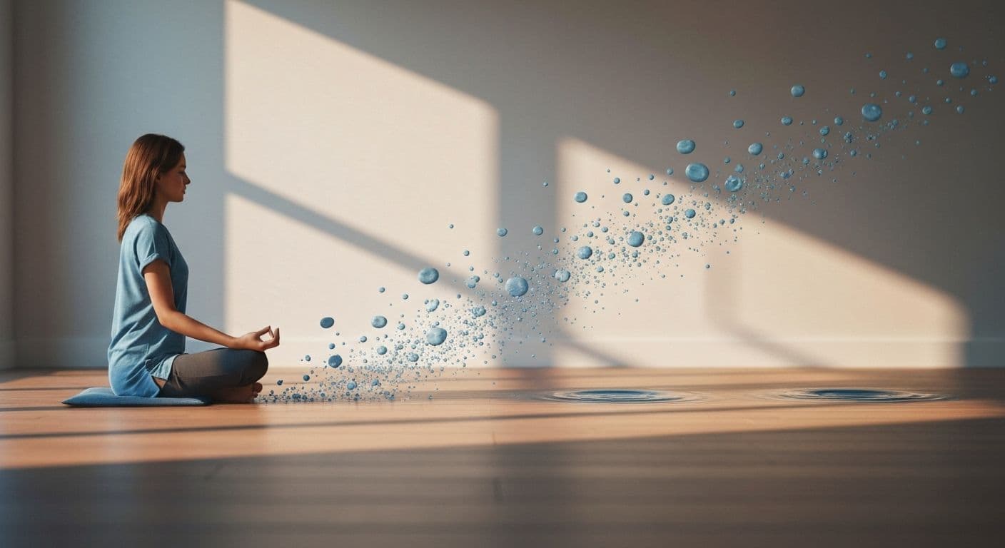 Person practicing meditation to calm the mind with peaceful expression and gentle hand position