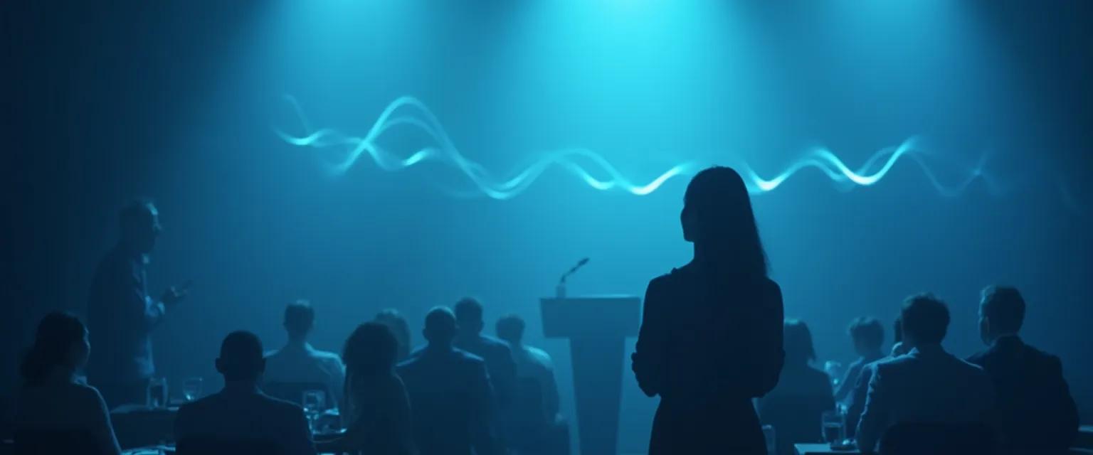 Professional managing anxiety in presentation with breathing techniques