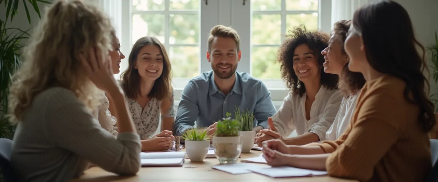 Colleagues engaged in supportive grief sharing discussion in a modern workplace environment
