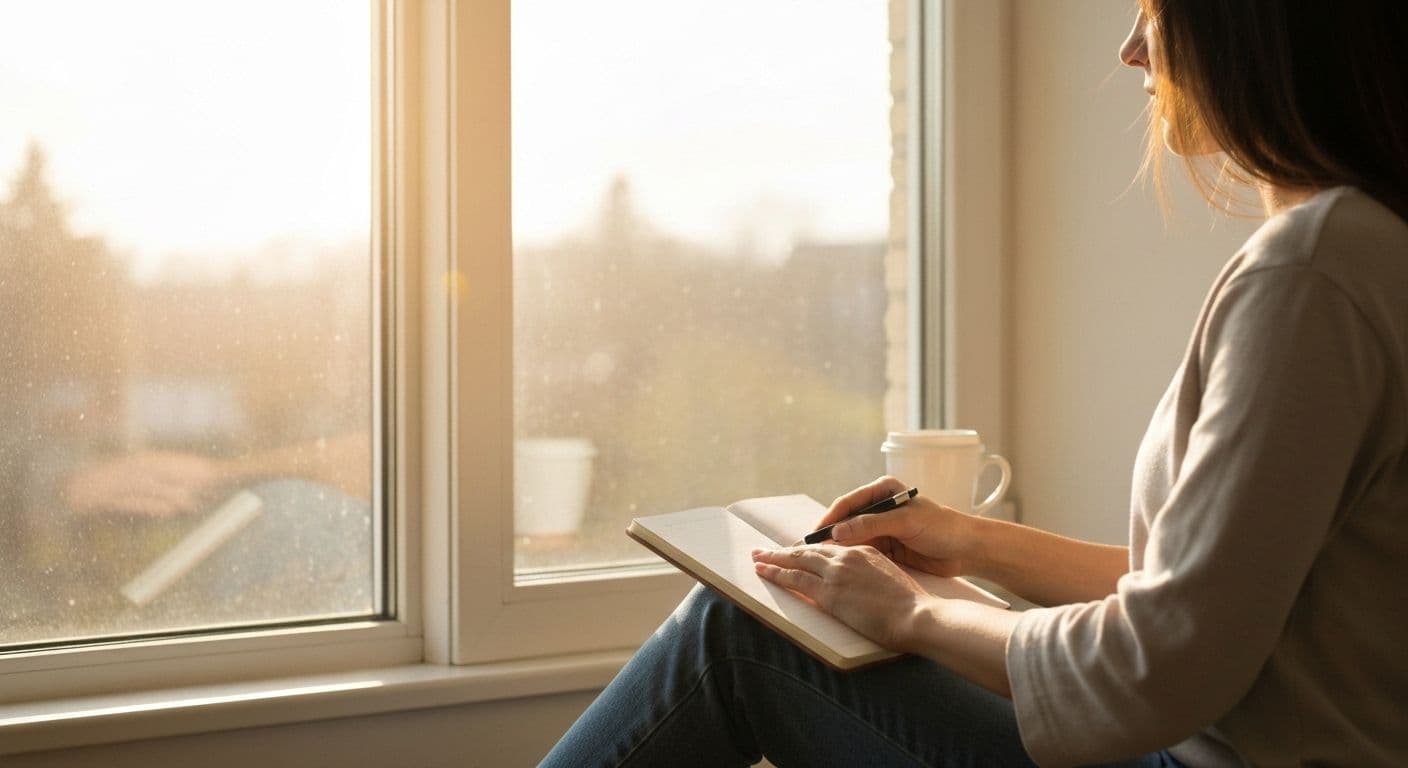 Person creating a peaceful morning routine for life after breakup, writing in planner with coffee