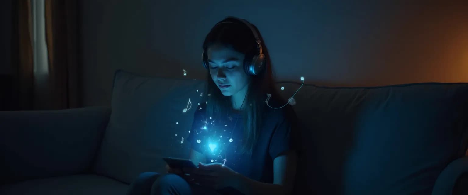 Person creating a healing soundtrack while in a heartbreak with headphones on