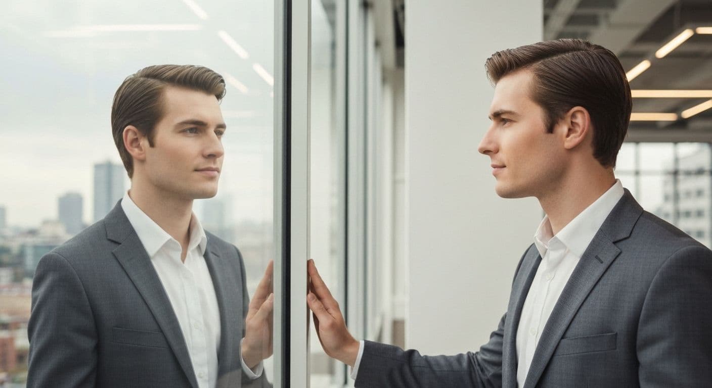 Professional demonstrating emotional self-awareness examples in modern workplace setting with thoughtful expression during team meeting