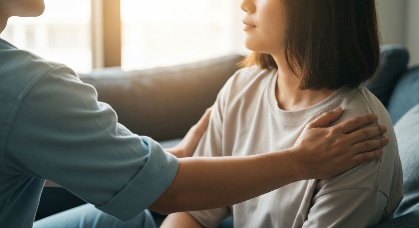 Person carefully selecting what to send a grieving friend, showing thoughtful comforting gestures and sympathy gifts