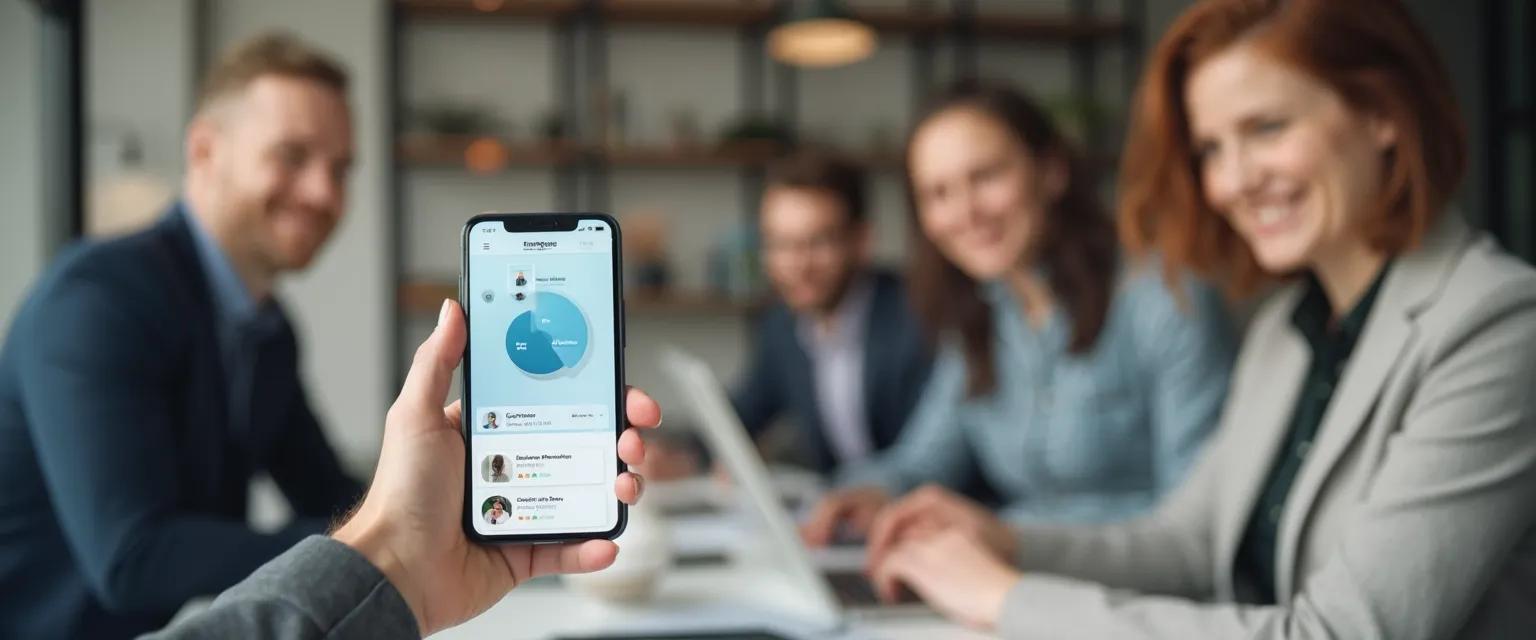 HR manager demonstrating an employee app to engaged team members