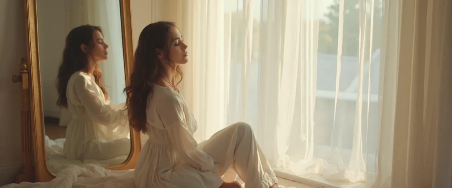 Woman practicing daily self awareness and self acceptance exercises in front of mirror