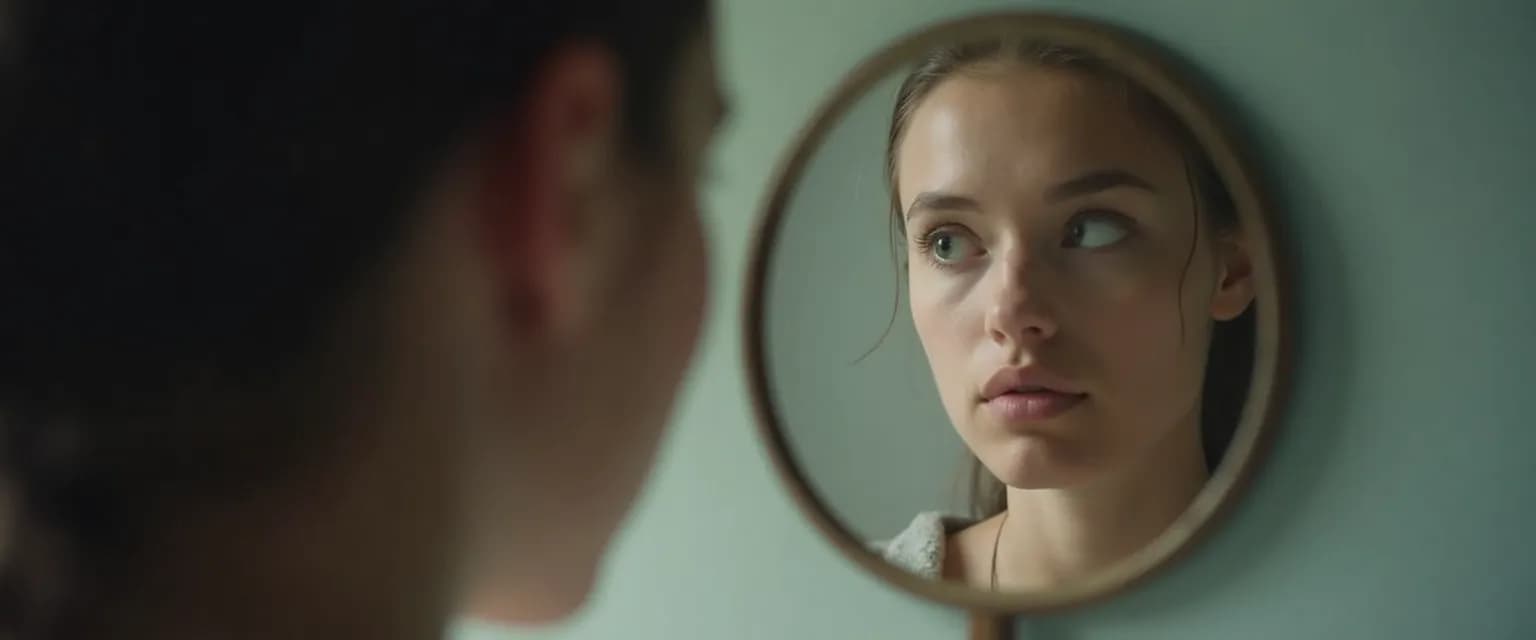 Person looking in mirror seeing blind spots of no self-awareness in daily interactions