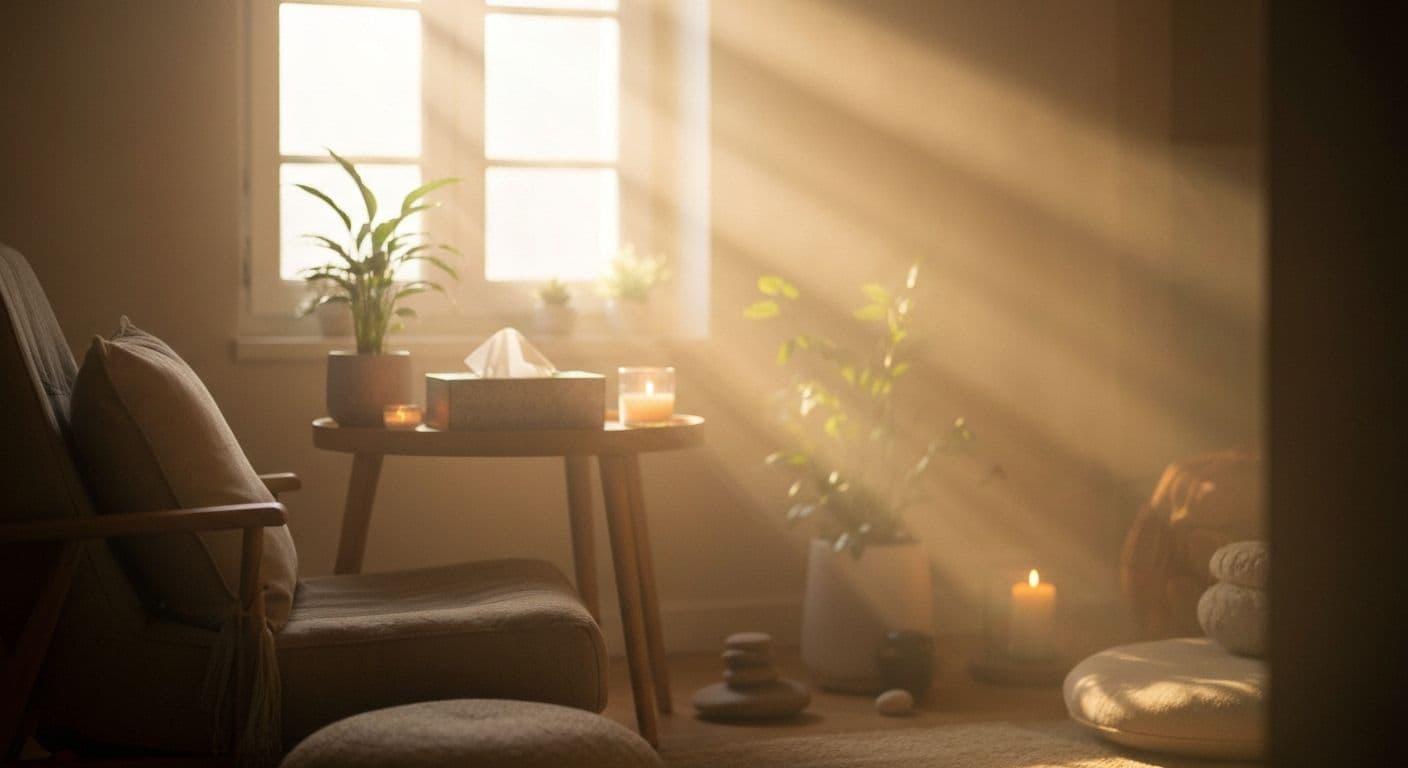 Person sitting peacefully practicing grieving meditation in a quiet, comfortable space with soft natural light