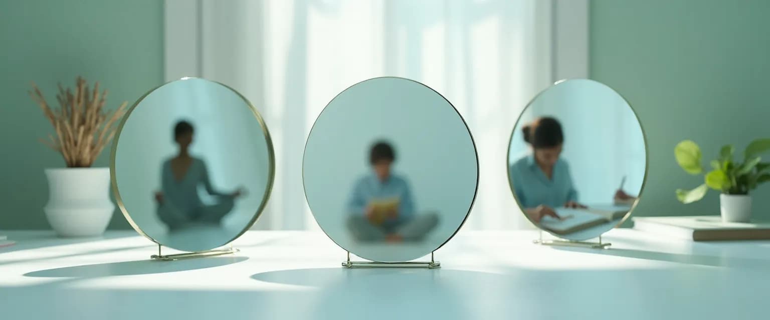 Professional practicing healthy self-awareness exercise at desk with calm expression
