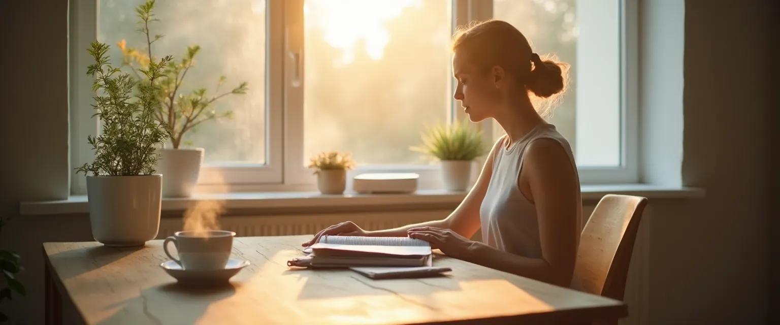 Solo entrepreneur performing morning rituals to combat anxiety before client call