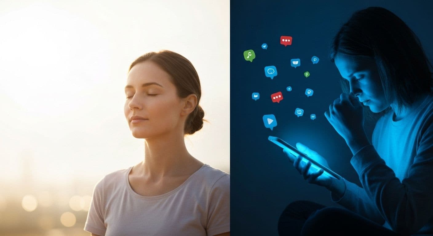 Person practicing 10-minute mindfulness meditation during work break instead of scrolling social media on phone