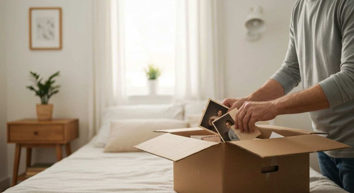 Person looking at notes on a heartbreak and old photos while contemplating moving forward