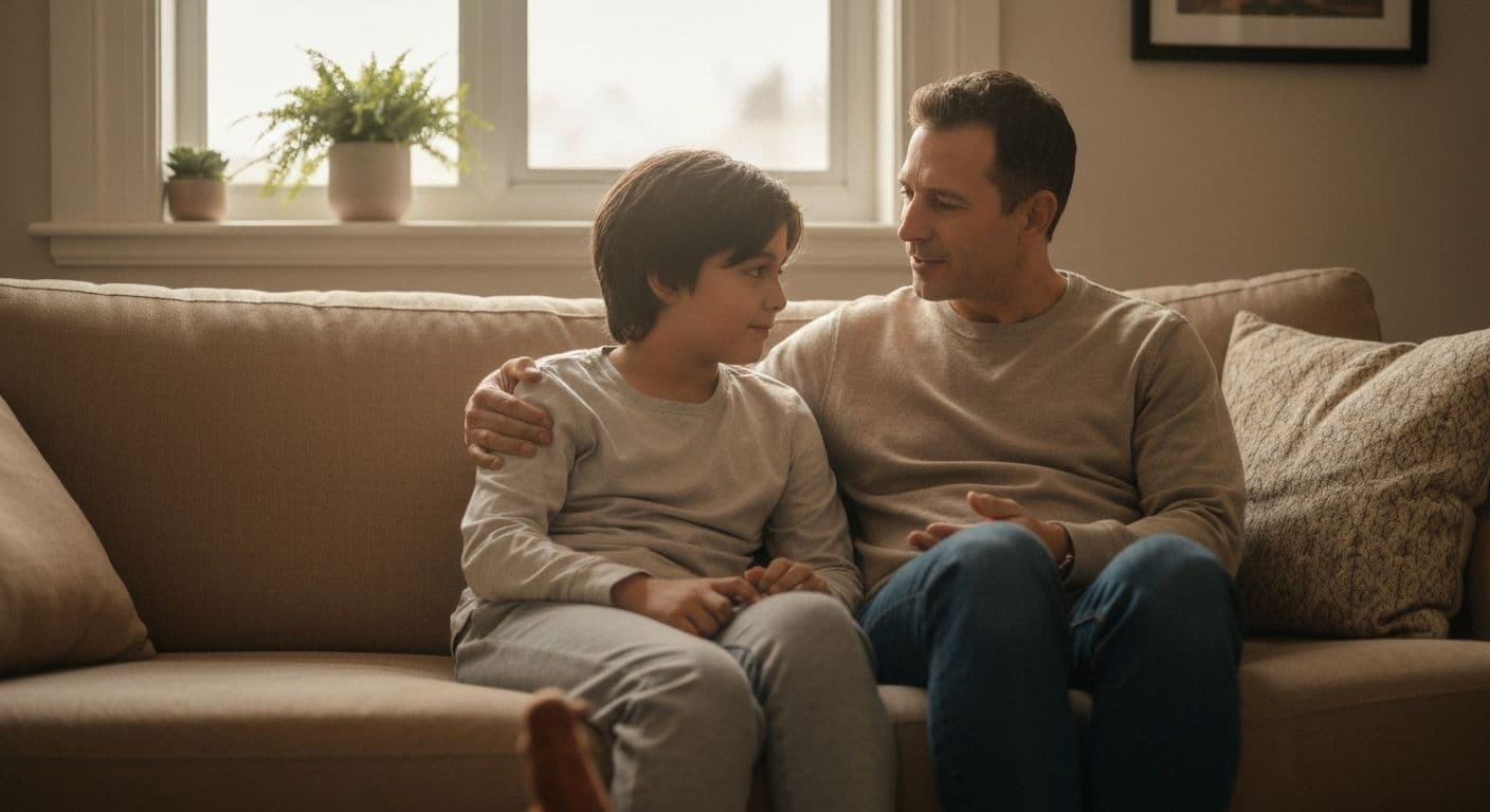 Parent talking compassionately with child about losing a sibling and explaining aunt or uncle's death