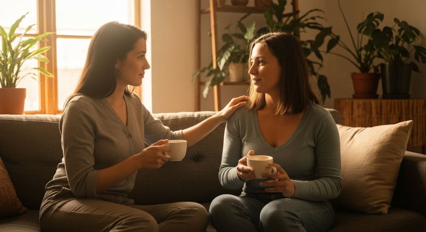 Two friends sharing supportive conversation while overcoming loneliness post breakup together