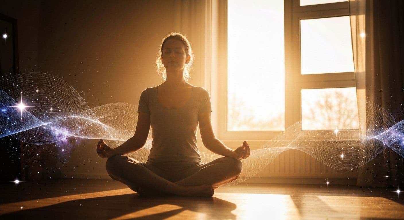 Person practicing cosmic mind meditation during peaceful morning routine with focused breathing and visualization