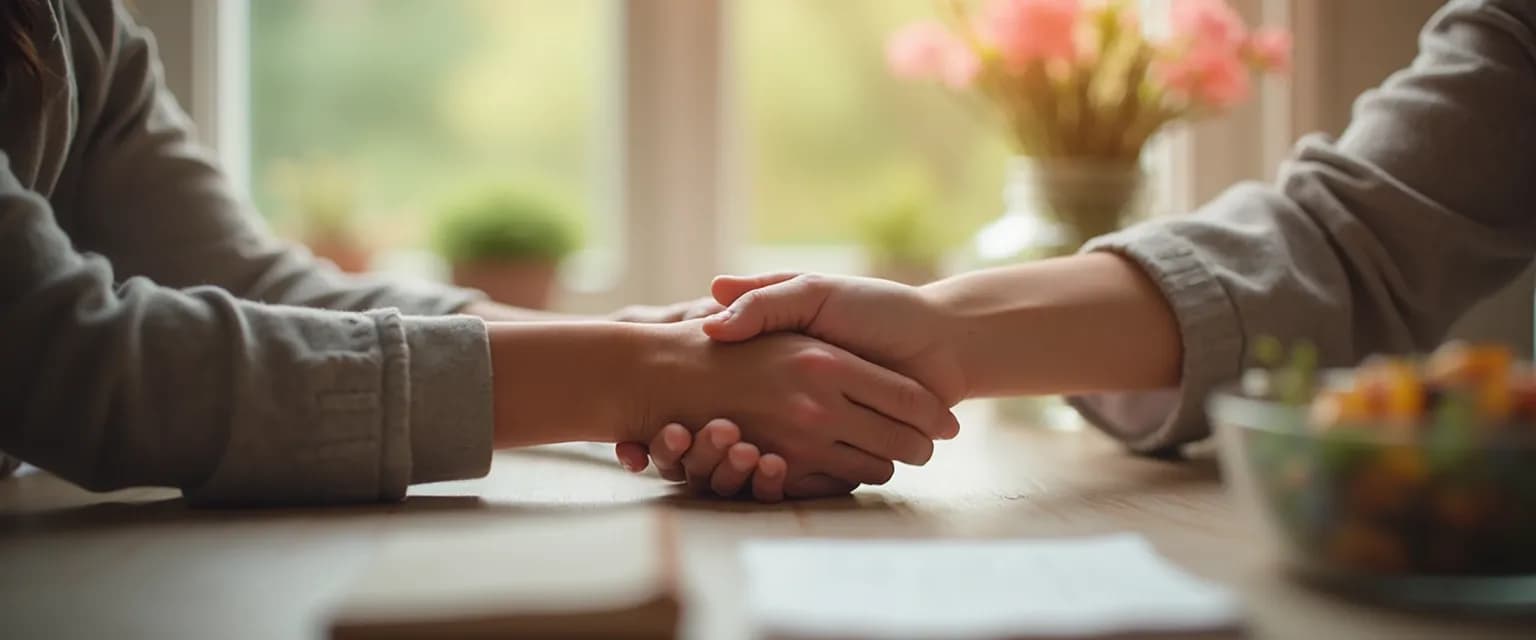 Supportive friend comforting someone who's lost a loved one with a thoughtful gesture