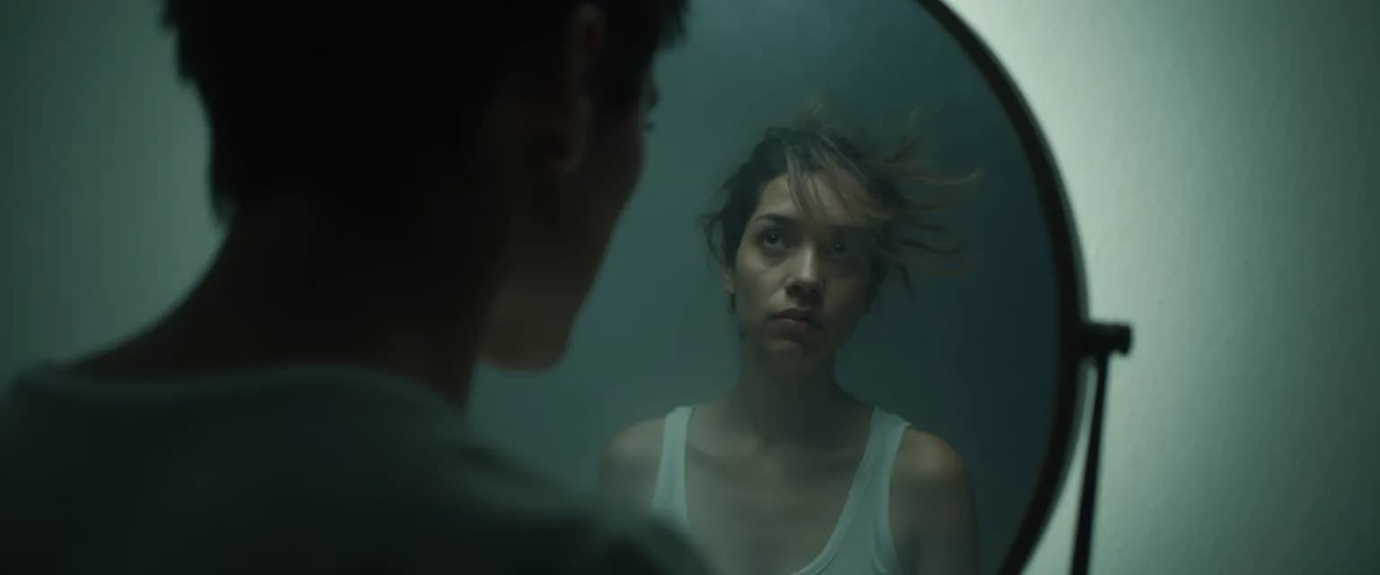 Person examining blind spots in self-awareness through a mirror reflection