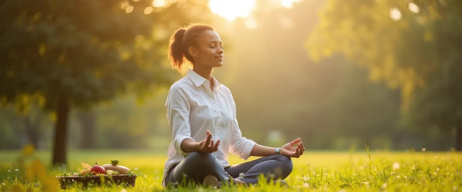 Professional practicing mind body soul techniques during lunch break at desk
