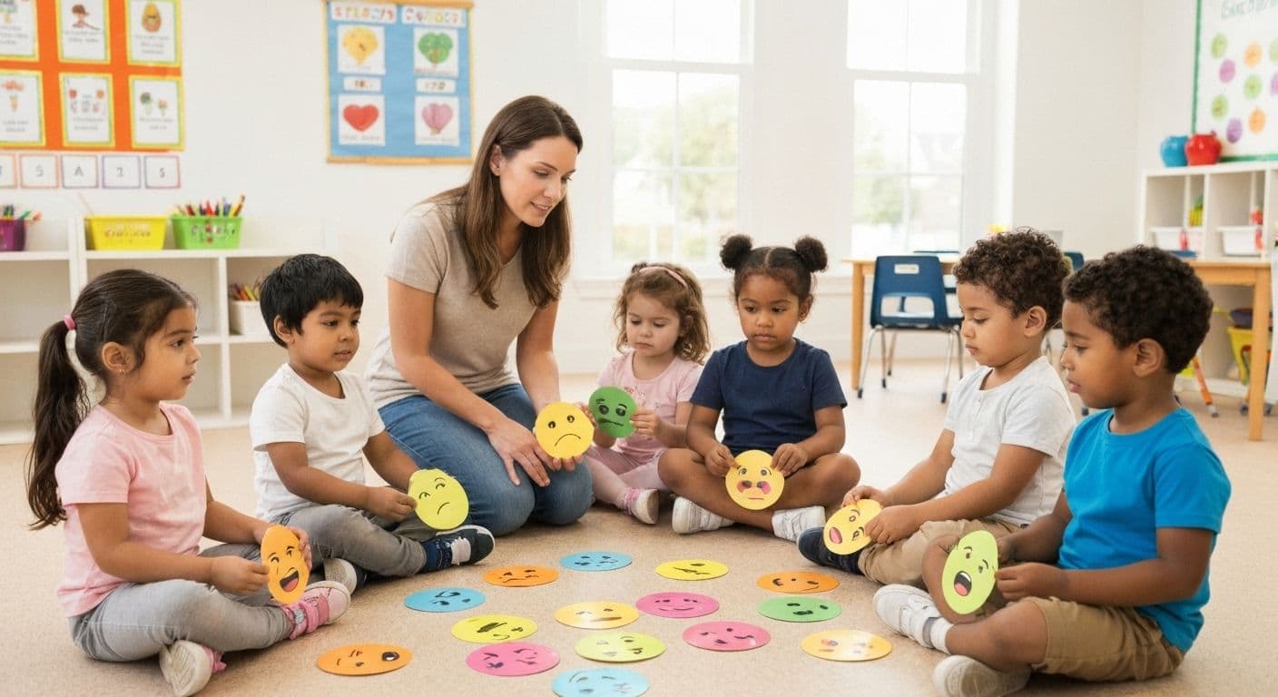 Preschool teacher conducting emotional check-in to build self awareness in early childhood education with young students sitting in circle