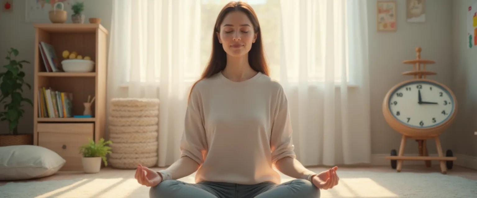 Parent practicing mind meditation during a brief moment of quiet while children play nearby