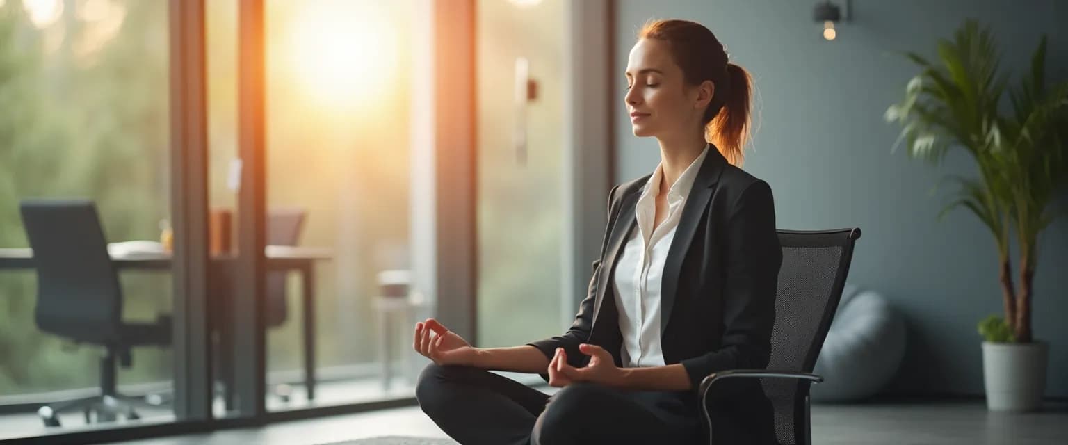 Professional practicing a 5-minute self awareness guided meditation at desk
