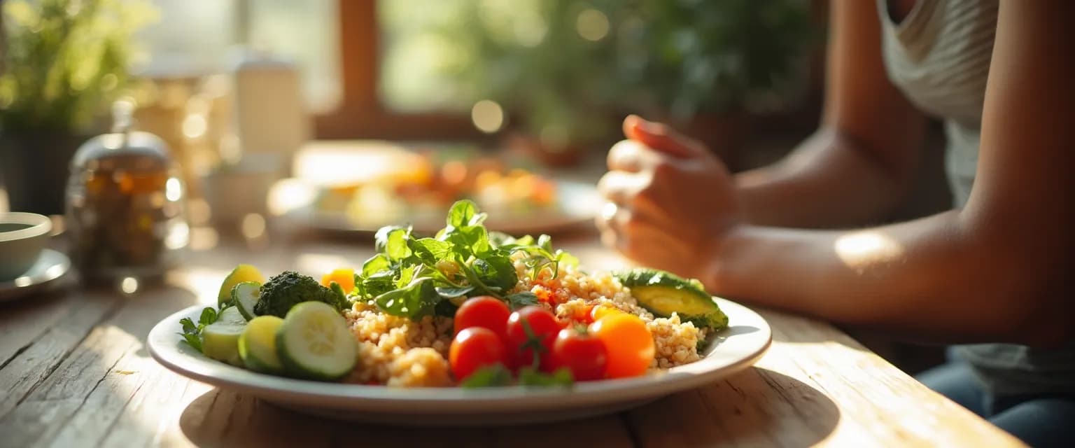Person enjoying mindful moments during mealtime with focused attention on food