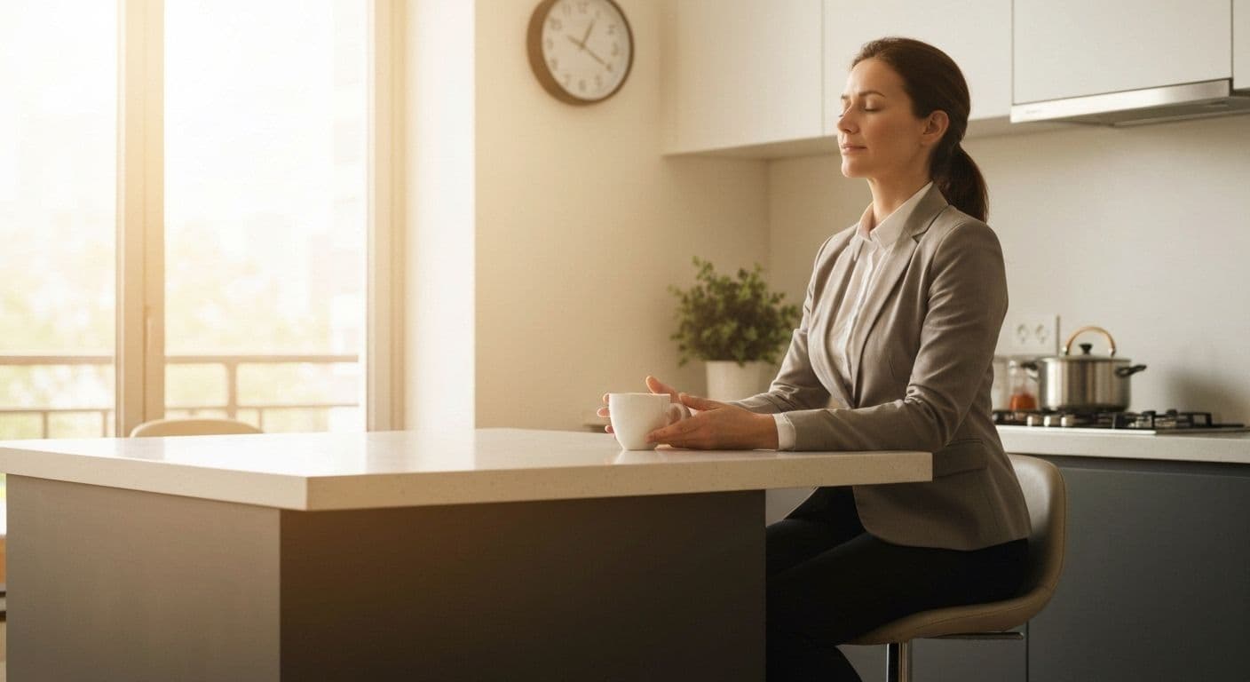 Busy professional practicing mindfulness exercises for adults during morning coffee routine