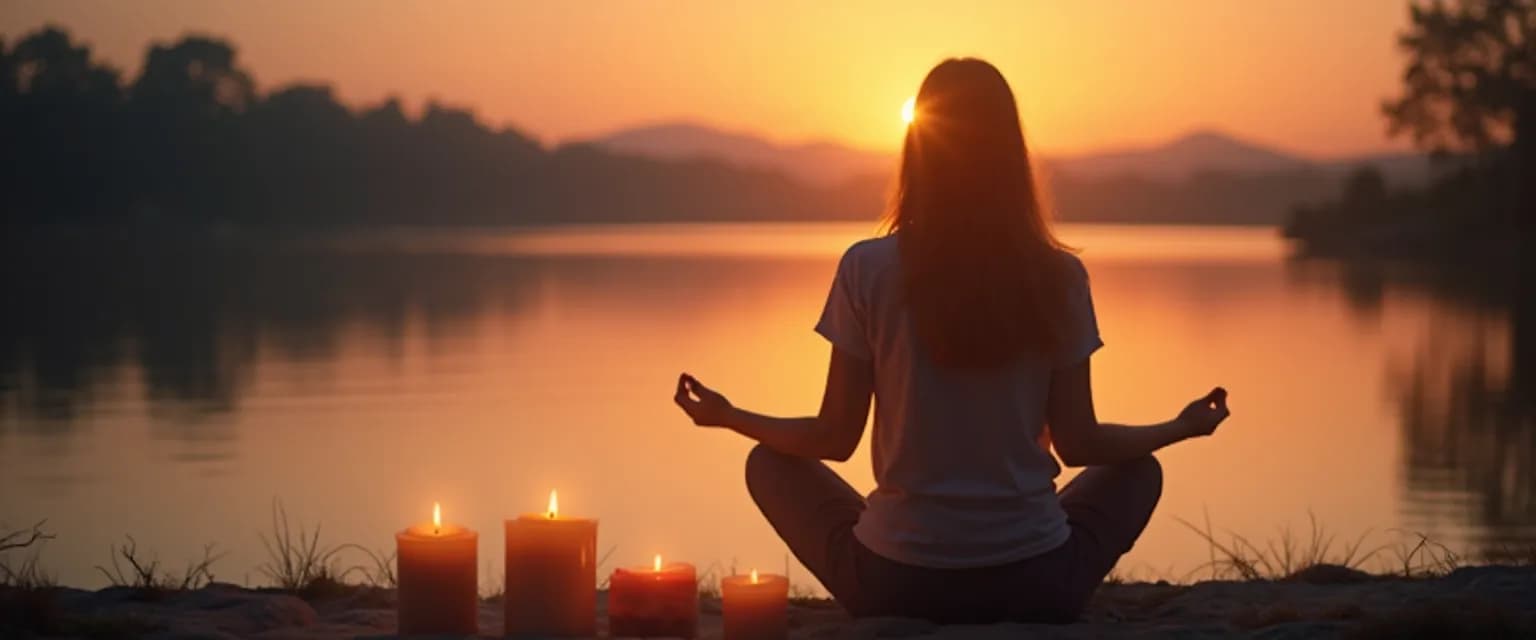 Person practicing mindful grieving ritual with candle and memento