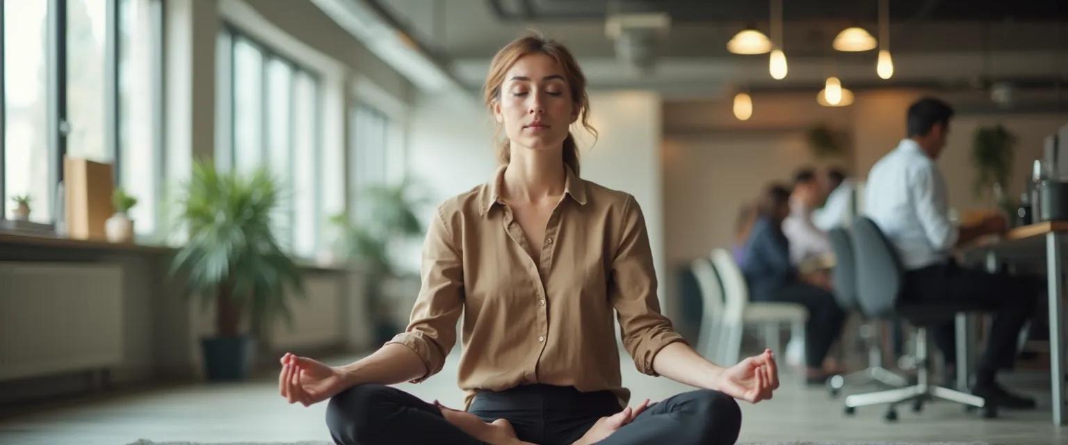 Professional practicing mindful living techniques at desk in busy office environment