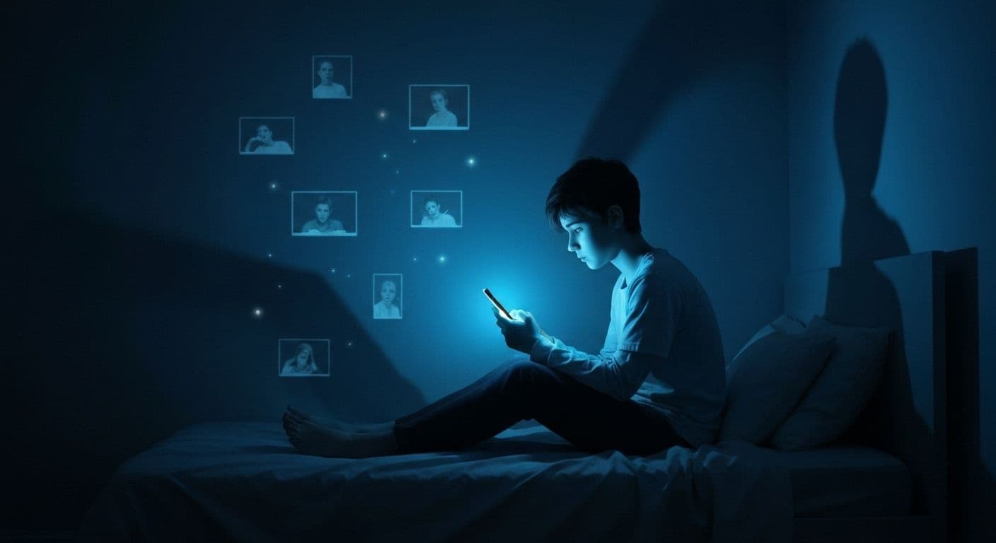 Person scrolling through breakup TikTok videos on phone late at night feeling stuck