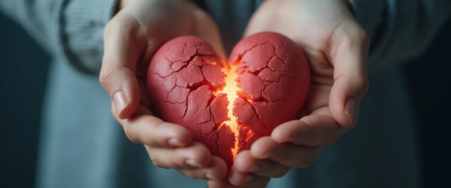 Person experiencing physical symptoms of heartbreak and heartache with hand on chest