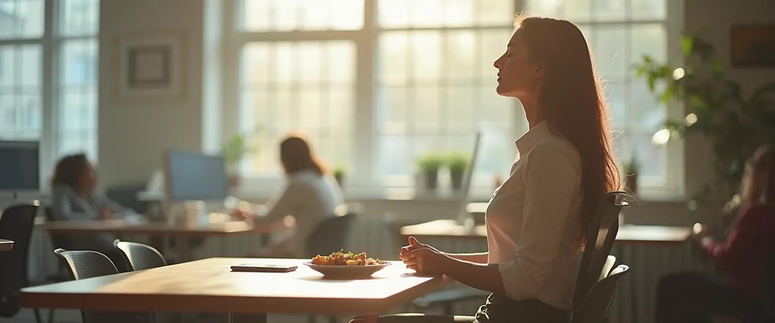 Professional taking 1 self awareness minute during lunch break at desk